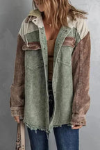 Corduroy Jackets Green Color Block Button Down Hooded Corduroy Jacket