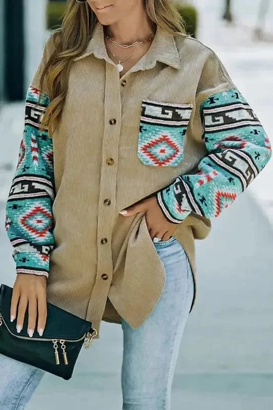 Corduroy Jackets Khaki / S / 100%Polyester Khaki Aztec Corduroy Shacket