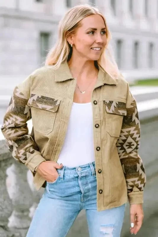 Corduroy Jackets Khaki / S / 70%Cotton+30%polyester Western Corduroy Jacket - Khaki Aztec Patchwork