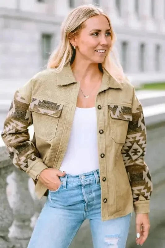 Corduroy Jackets Khaki / S / 70%Cotton+30%polyester Western Corduroy Jacket - Khaki Aztec Patchwork