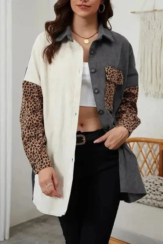 Corduroy Jackets Leopard Patchwork Corduroy Shirt Jacket