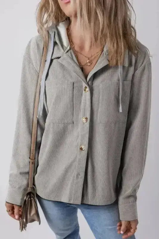 Corduroy Jackets Light Grey / S / 100%Polyester Hooded Corduroy Shacket