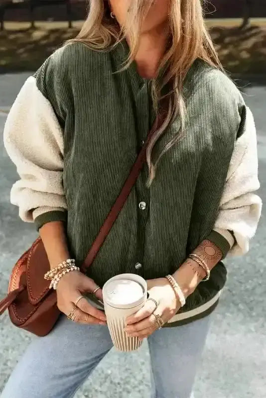 Mist green corduroy fleece patchwork bomber jacket front view — Fashionfitz UK