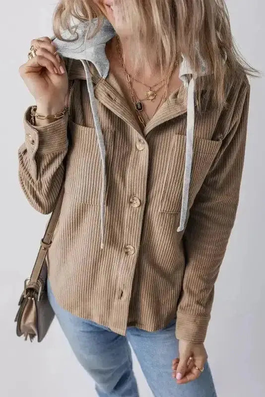 Pale khaki hooded corduroy shacket front view — Fashionfitz UK