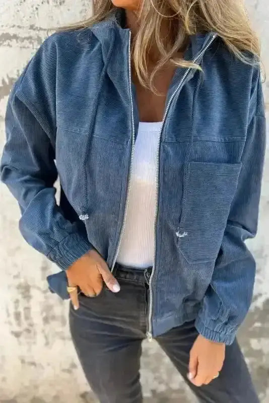 Teal hooded corduroy jacket front view — Fashionfitz UK