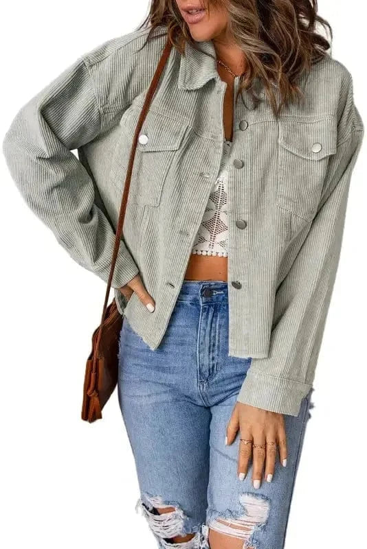 Corduroy Jackets Sky Blue Raw Hem Flap Pockets Cropped Corduroy Jacket