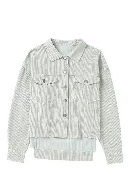 Corduroy Jackets Sky Blue Raw Hem Flap Pockets Cropped Corduroy Jacket