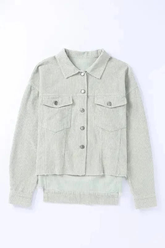 Corduroy Jackets Sky Blue Raw Hem Flap Pockets Cropped Corduroy Jacket