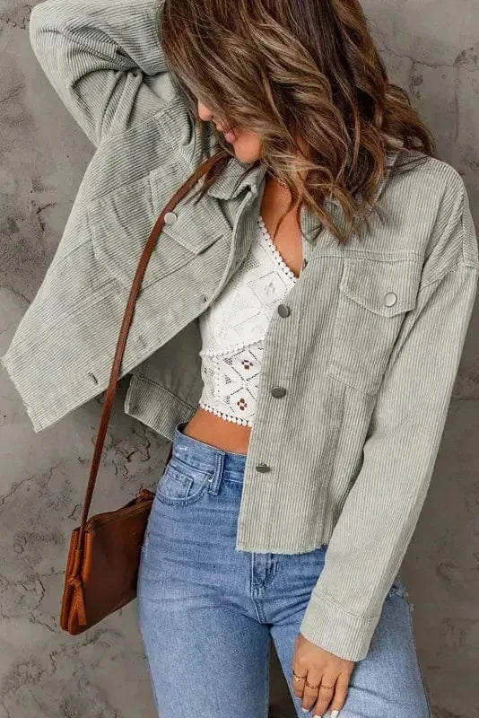 Corduroy Jackets Sky Blue Raw Hem Flap Pockets Cropped Corduroy Jacket