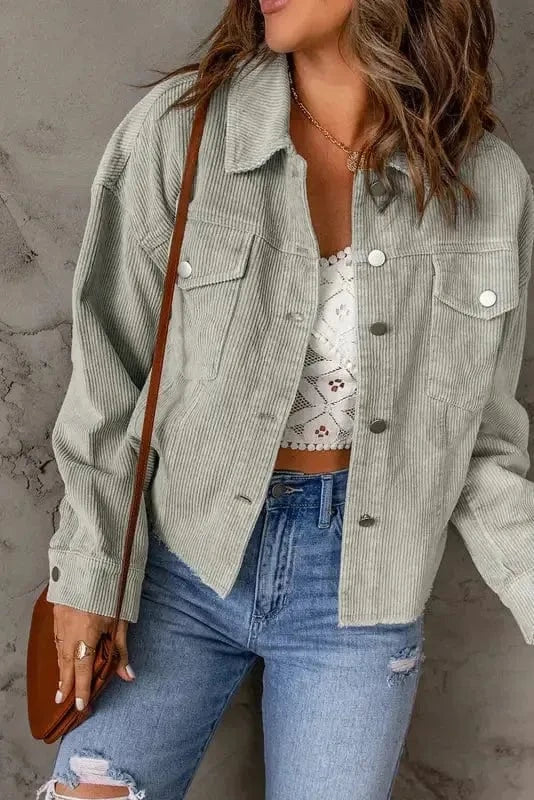 Corduroy Jackets Sky Blue Raw Hem Flap Pockets Cropped Corduroy Jacket
