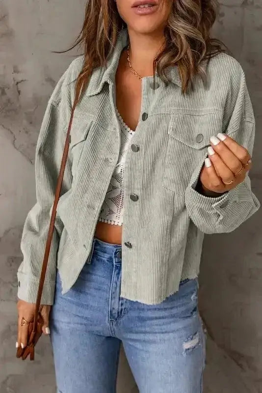 Corduroy Jackets Sky Blue Raw Hem Flap Pockets Cropped Corduroy Jacket