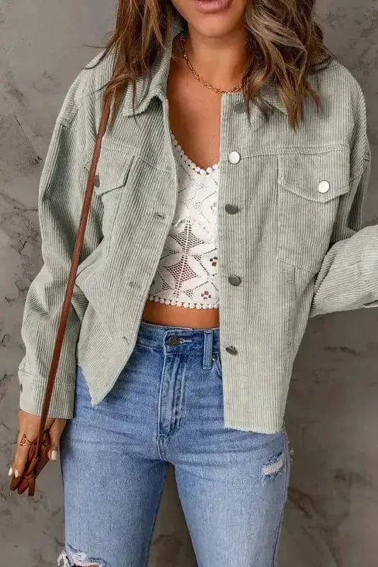Corduroy Jackets Sky Blue Raw Hem Flap Pockets Cropped Corduroy Jacket