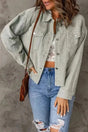 Woman wearing sky blue raw hem cropped corduroy jacket with flap pockets front view Fashionfitz UK