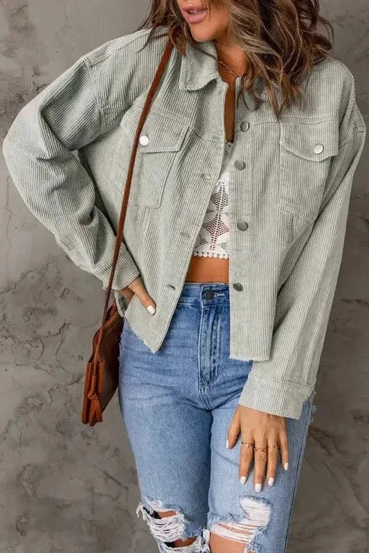 Corduroy Jackets Sky Blue / S / 100%Cotton Sky Blue Raw Hem Flap Pockets Cropped Corduroy Jacket