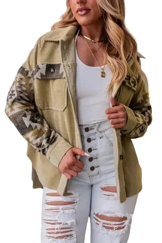 Corduroy Jackets Western Corduroy Jacket - Khaki Aztec Patchwork