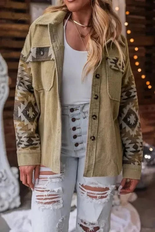 Corduroy Jackets Western Corduroy Jacket - Khaki Aztec Patchwork