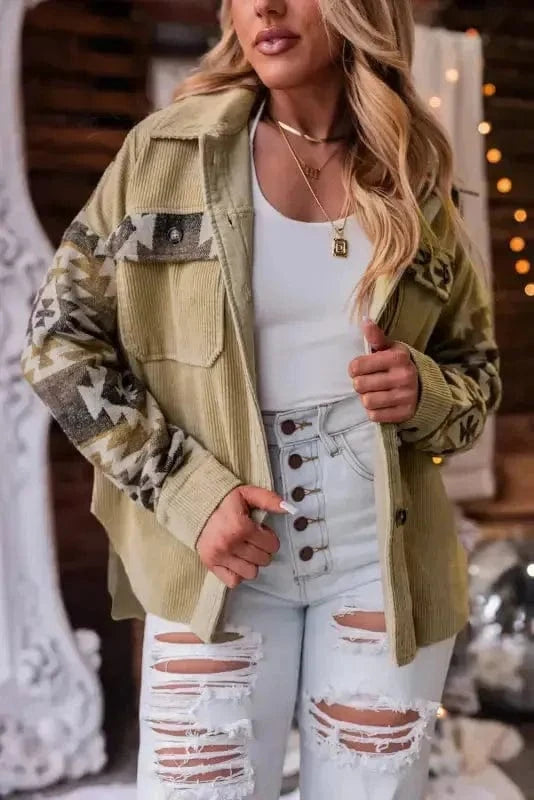 Corduroy Jackets Western Corduroy Jacket - Khaki Aztec Patchwork