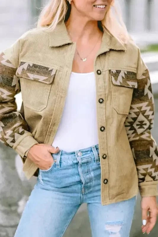 Corduroy Jackets Western Corduroy Jacket - Khaki Aztec Patchwork