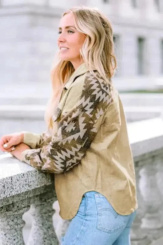 Corduroy Jackets Western Corduroy Jacket - Khaki Aztec Patchwork