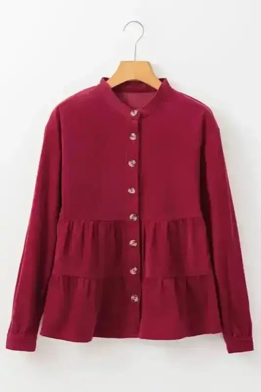 Close-up of Red Corduroy Ruffle O-Neck Blouse showing distinctive corduroy ribbed texture in deep burgundy-red — Fashionfitz