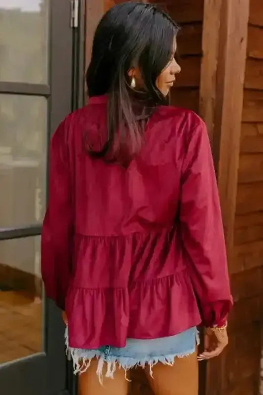 Red corduroy ruffle blouse back view — Fashionfitz UK