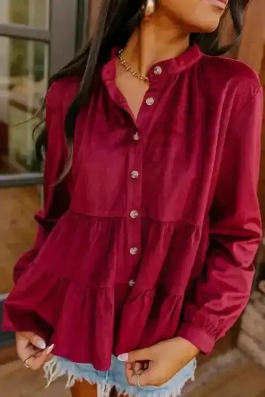 Burgundy red corduroy ruffle O-neck autumn blouse front view — Fashionfitz UK