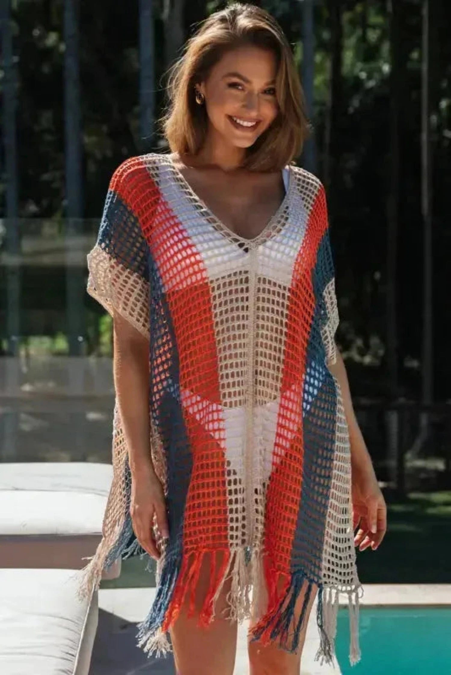 Cover-Ups Crochet Striped Tassel Beach Dress