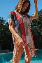 Cover-Ups Crochet Striped Tassel Beach Dress