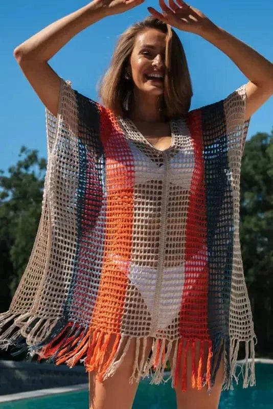 Cover-Ups Crochet Striped Tassel Beach Dress