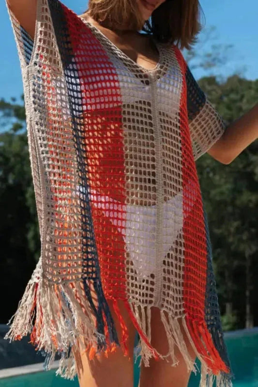 Cover-Ups Multicolor / S / 100%Acrylic Crochet Striped Tassel Beach Dress