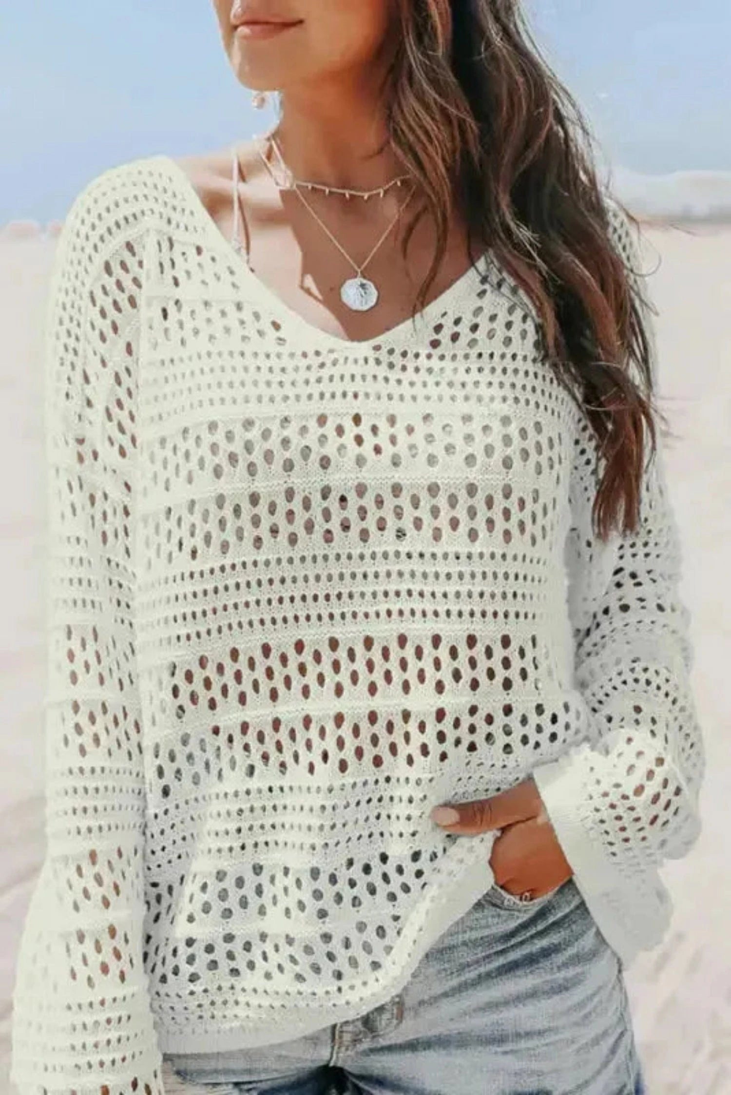 Cover-Ups White / S / 100%Acrylic Hollow Out Crochet Loose Fit Sweater