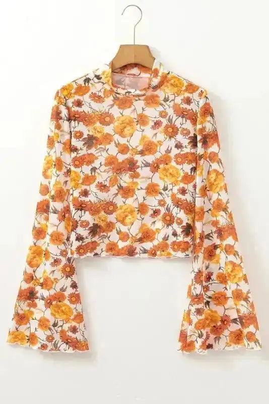 Crop Tops Flora Charm Bell Sleeve Crop Top