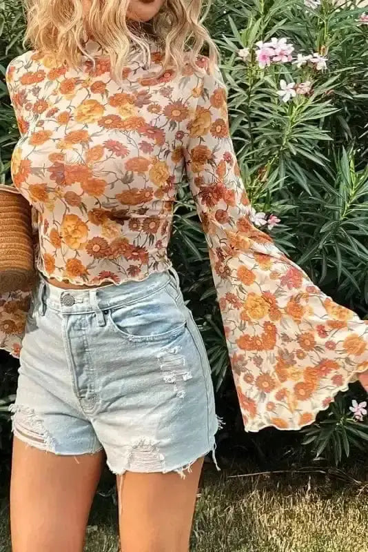 Side view of Floral Bell Sleeve Crop Top showing scallop trim detail and bell sleeve flare — Fashionfitz