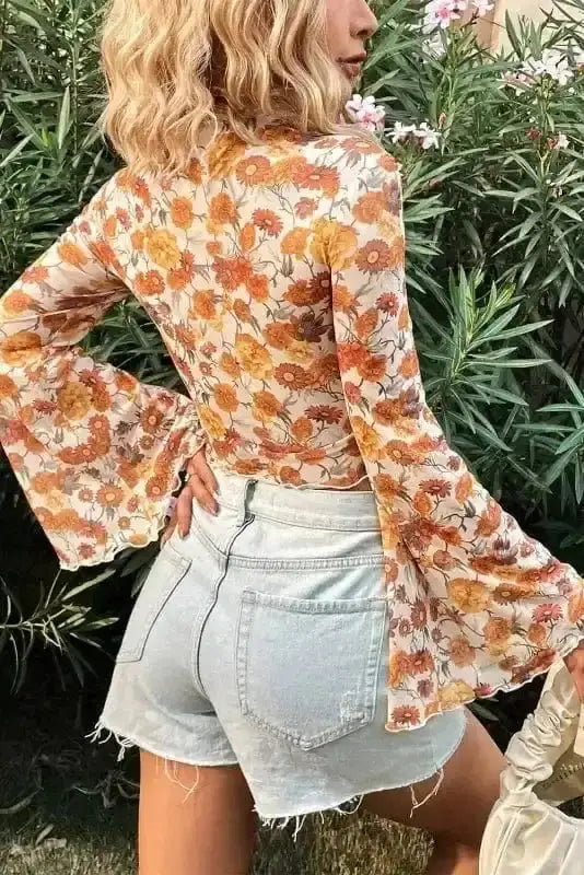 Floral bell sleeve crop top back view — Fashionfitz UK