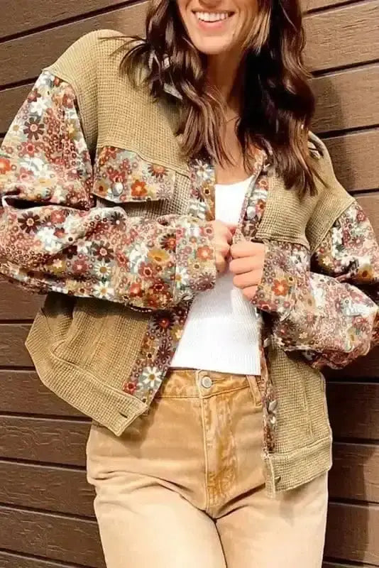 Khaki floral waffle knit cropped jacket front view — Fashionfitz UK
