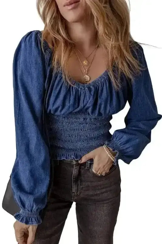 Blue Denim Smocked V-Neck Ruffle Sleeve Blouse Women UK styled as a feminine boho casual outfit — Fashionfitz