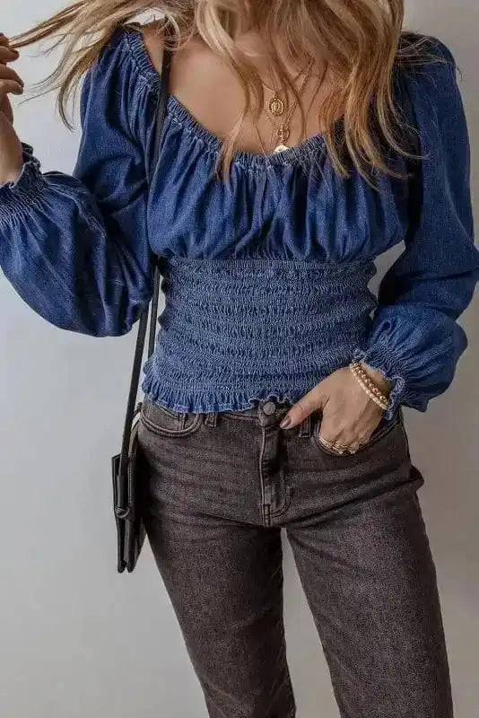 Denim Blouses Blue Belle Smocked Denim Blouse