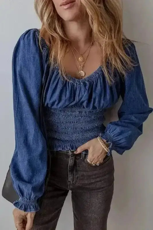 Blue denim smocked V-neck ruffle sleeve blouse front view — Fashionfitz UK