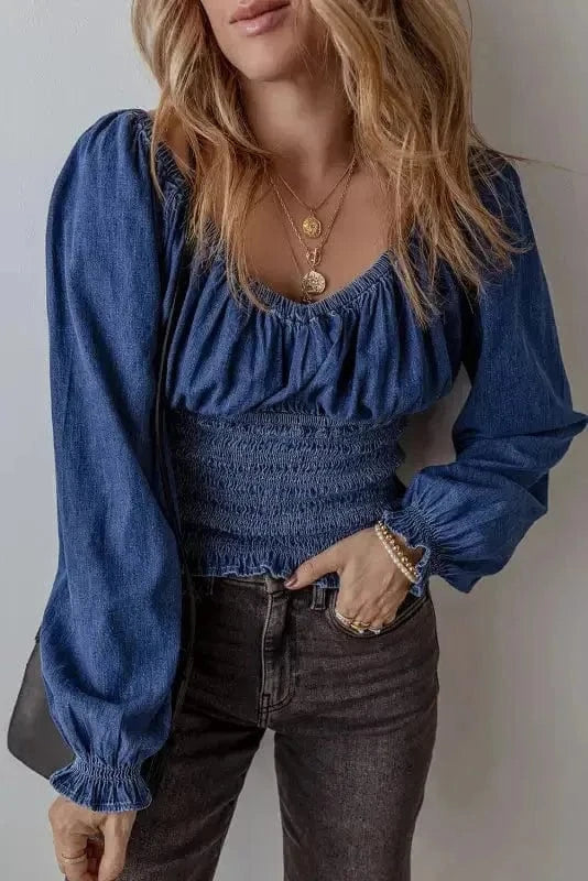 Denim Blouses Dark Blue / S / 95%Cotton+5%Polyester Blue Belle Smocked Denim Blouse