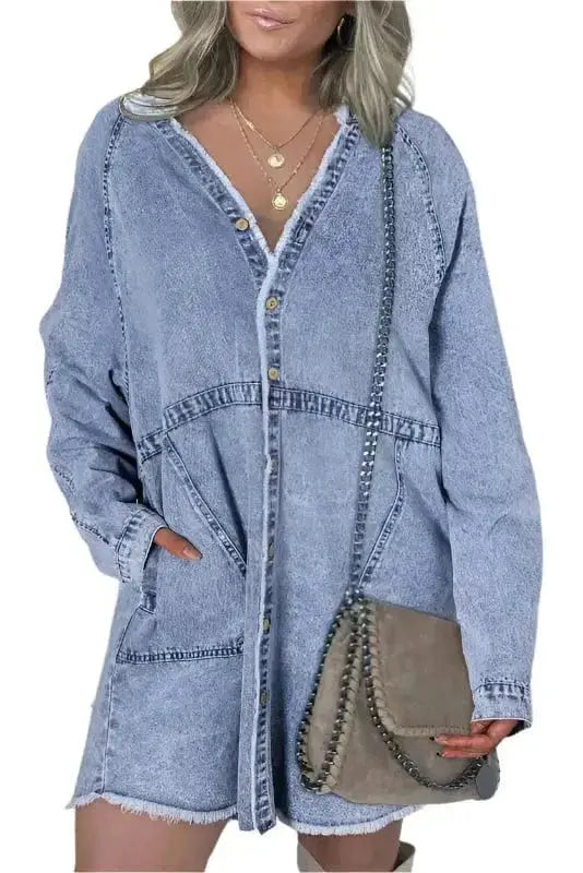 Beau blue sapphire casual flattering denim mini dress front view — Fashionfitz UK