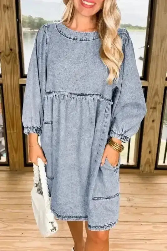 Beau blue light wash denim puff sleeve mini dress front view — Fashionfitz UK