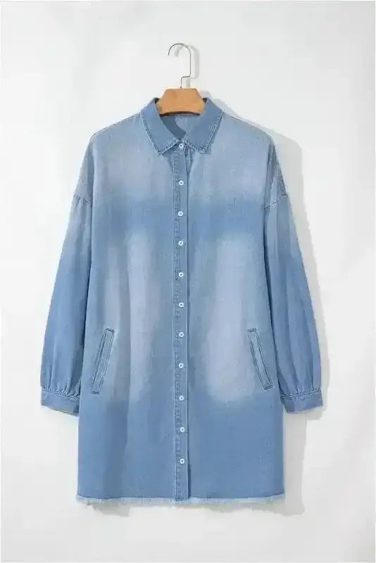 Beau blue denim tunic frayed hem casual shift mini dress front view — Fashionfitz UK
