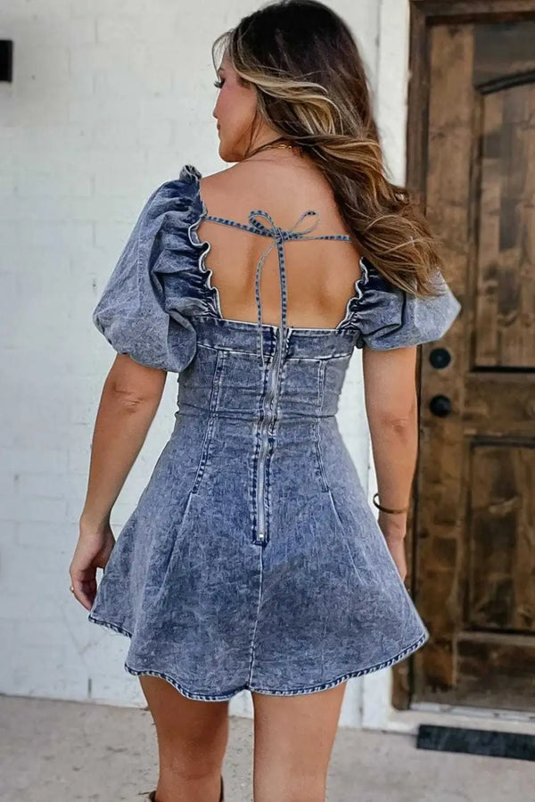 Blue bustier denim mini dress back view — Fashionfitz UK