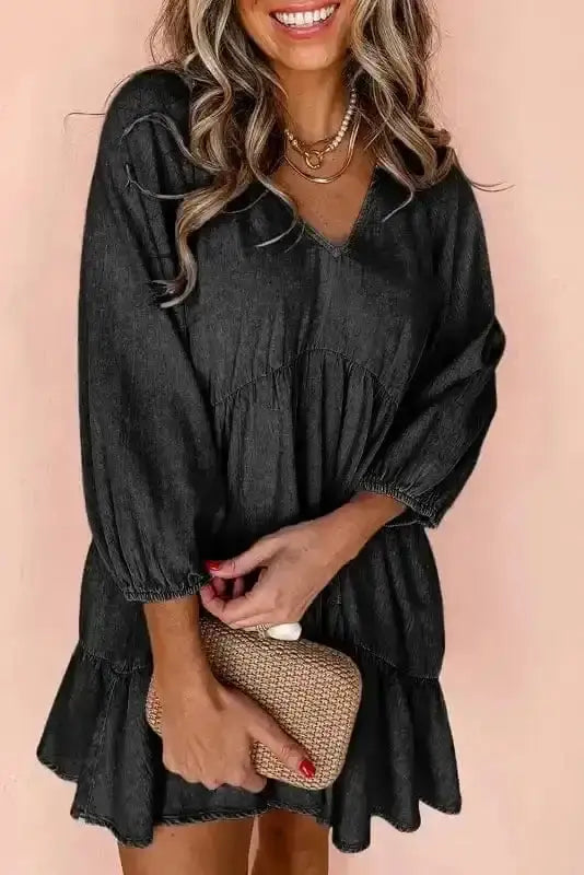 Chambray V-neck puff sleeve tiered mini dress front view — Fashionfitz UK