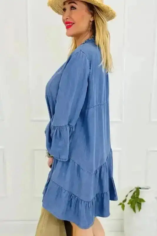 Sky blue denim tiered mini dress back view — Fashionfitz UK