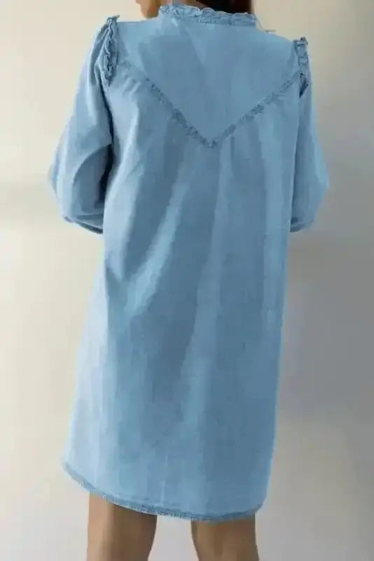 Washed blue denim ruffle shift mini dress back view — Fashionfitz UK