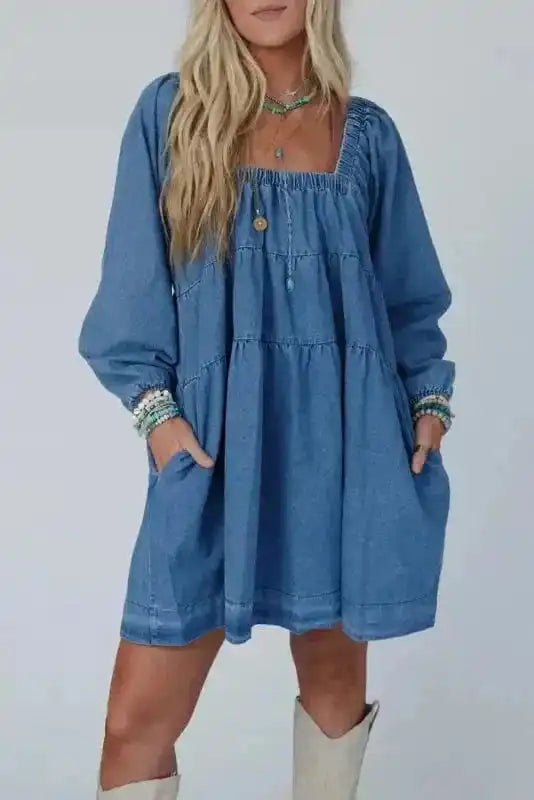 Denim Dresses Dusk Blue / S / 100%Cotton Comfort-Fit Mini Denim Dress