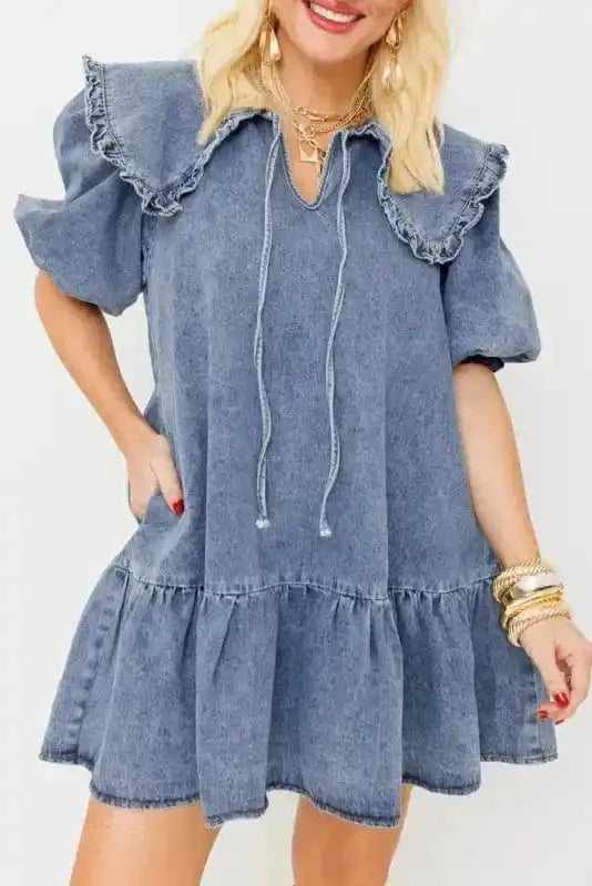 Denim Dresses Dusk Blue / S / 82%Cotton+10%Polyester+8%Viscose Puff Sleeve Denim Mini Dress