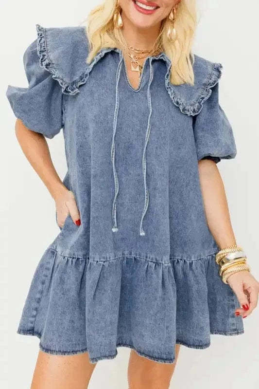 Denim Dresses Dusk Blue / S / 82%Cotton+10%Polyester+8%Viscose Puff Sleeve Denim Mini Dress