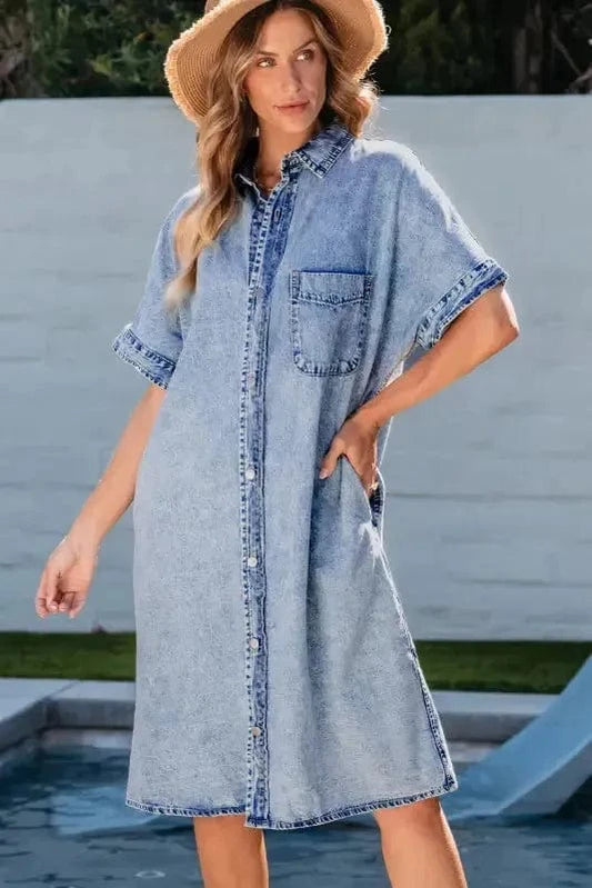 Denim Dresses Light Blue / S / 100%Cotton Loose Chambray Dress - Short Sleeve